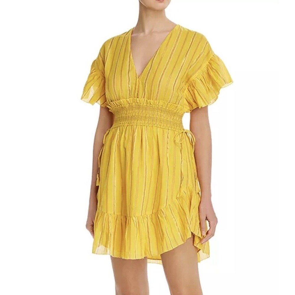 Saylor Adrianne Ruffle Sleeve Mini Dress Small 100% Cotton Smocking Metallic